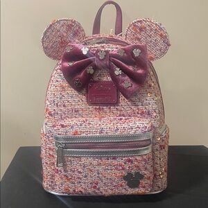 Loungefly Disney Raspberry Minnie Mouse Bow Tweed Sparkle Bag/Backpack NEW